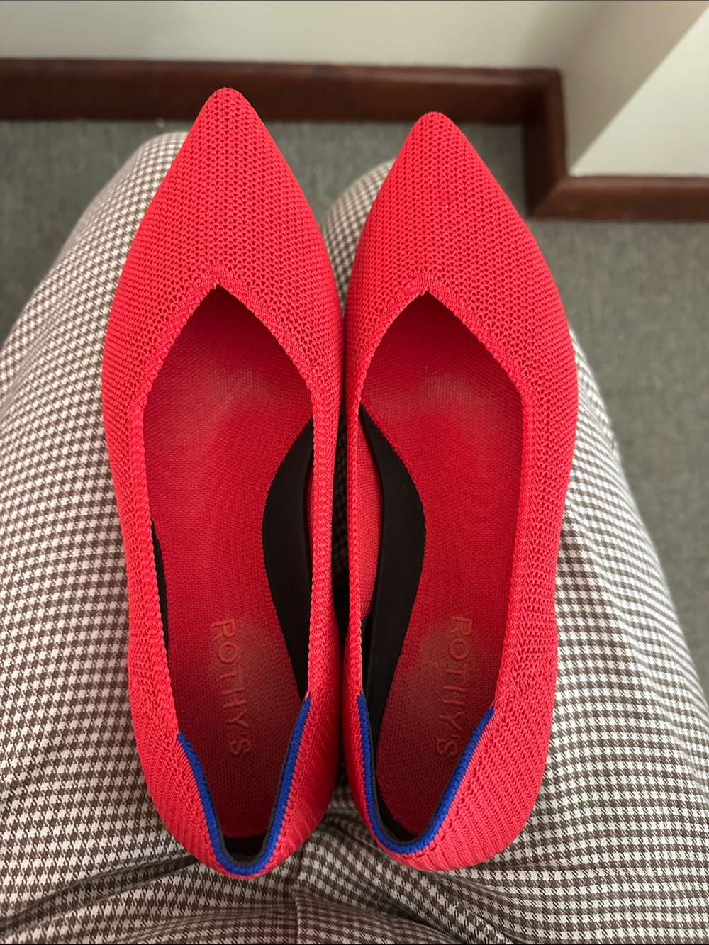 Rothy's Bright Red Pointed Knit Flats with Blue Trim